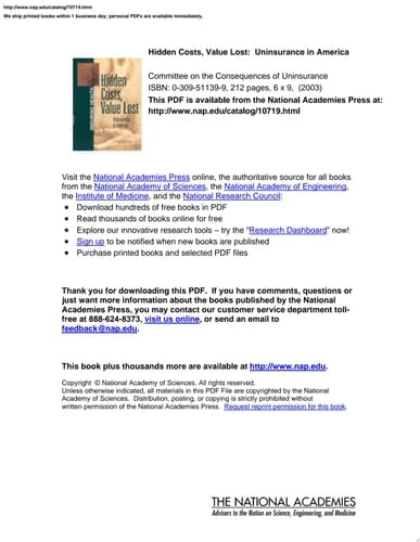 Cover of Hidden Costs, Value Lost Uninsurance in America